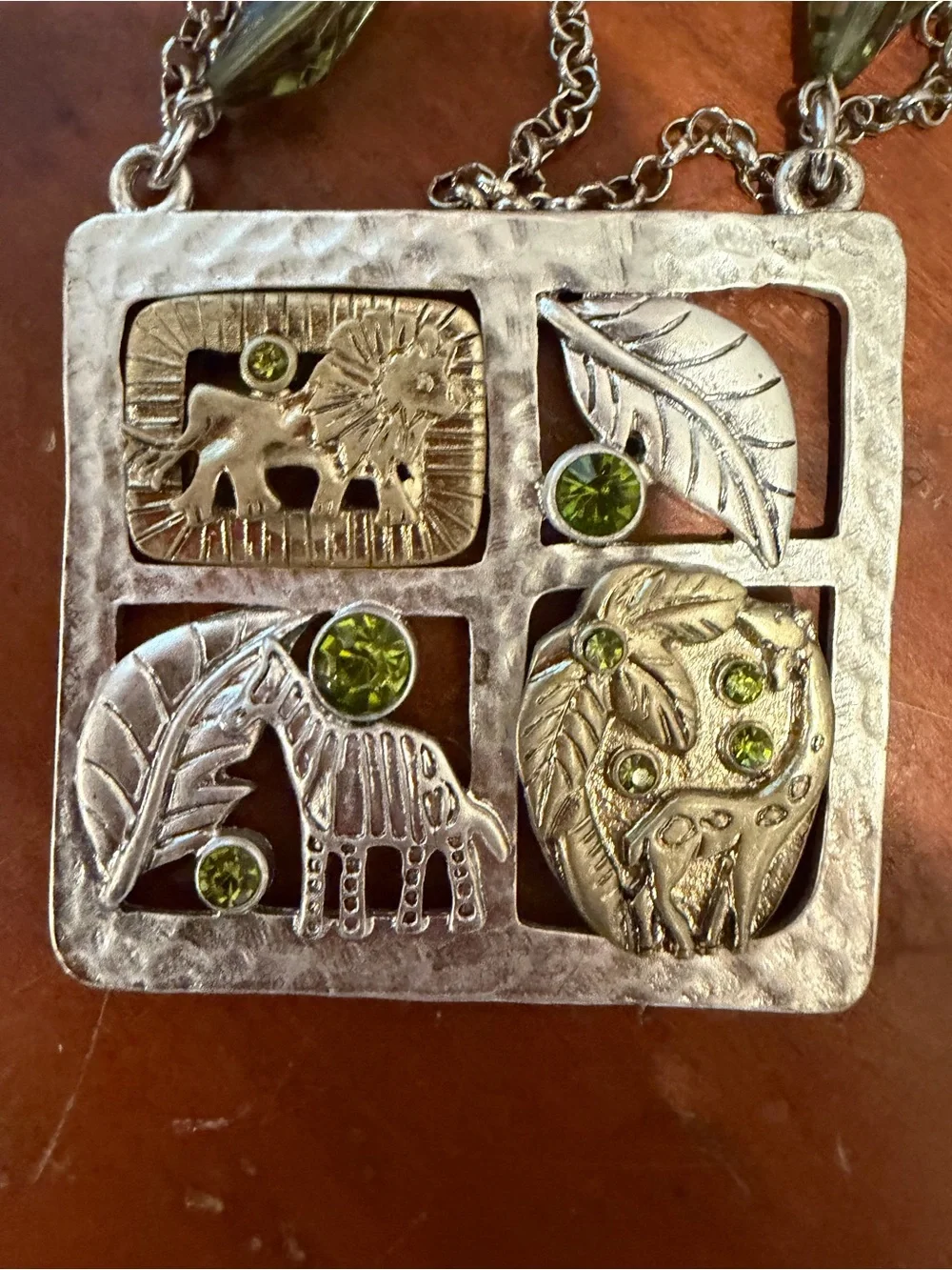 Vintage Safari Necklace Silver Gold Tone Lion Zebra Giraffe Statement Chunky